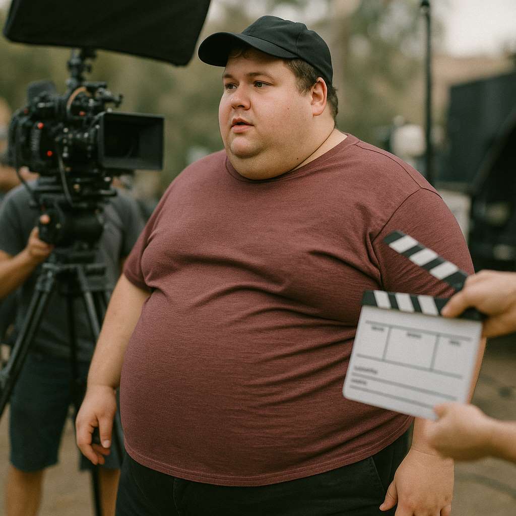 Actor gordo en el set de rodaje de una pelicula. Se ve una cámara y una claqueta.