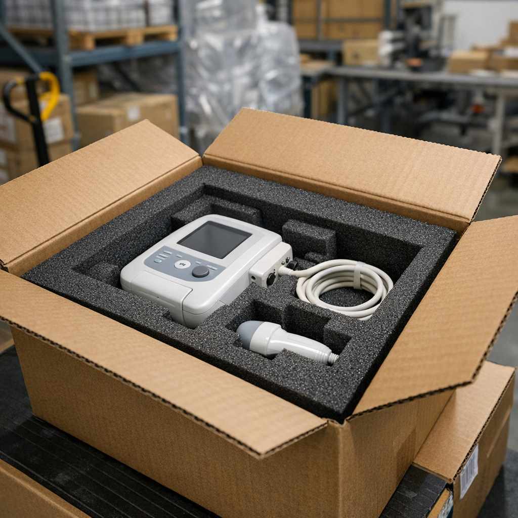 Caja de cartón abierta con interior de espuma a medida protegiendo un dispositivo electrónico industrial en almacén logístico