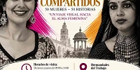 Cartel cuadrado de la exposición fotográfica «Rostros Compartidos: 50 Mujeres · 50 Historias», que reúne retratos de mujeres de España y la India. El diseño muestra dos retratos femeninos en blanco y negro, arquitectura de Córdoba y pinceladas magenta y doradas. La exposición se celebra del 18 de septiembre al 7 de octubre de 2026 en Hermandades del Trabajo, Córdoba, con horarios de visita de lunes a jueves de 09:00 a 14:00 y de 17:00 a 19:00, y los viernes de 09:00 a 15:00 horas. Incluye los logotipos de la organización y colaboradores.