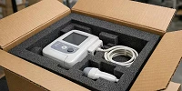 Caja de cartón abierta con interior de espuma a medida protegiendo un dispositivo electrónico industrial en almacén logístico