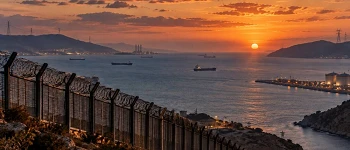 Vista panorámica de un estrecho marítimo al atardecer, con montañas difuminadas, barcos mercantes, infraestructuras energéticas y una valla fronteriza en primer plano, bajo un cielo anaranjado.