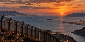 Vista panorámica de un estrecho marítimo al atardecer, con montañas difuminadas, barcos mercantes, infraestructuras energéticas y una valla fronteriza en primer plano, bajo un cielo anaranjado.